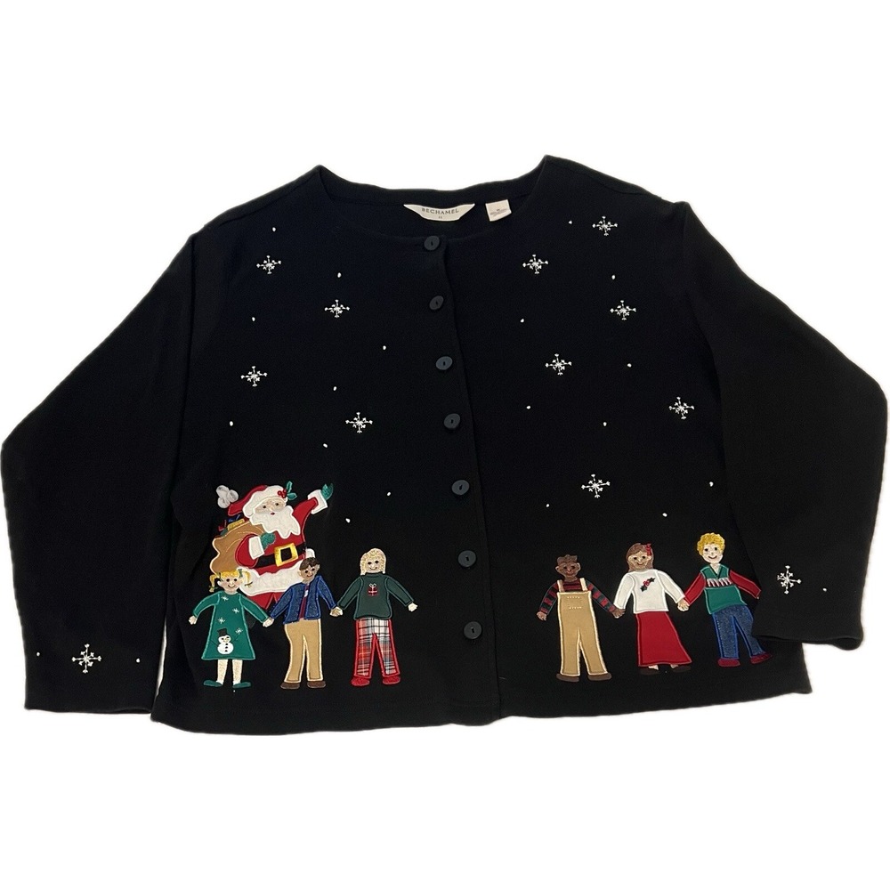 Bechamel Christmas Black Cardigan Ugly Sweater Sz 1X Children Santa Around World